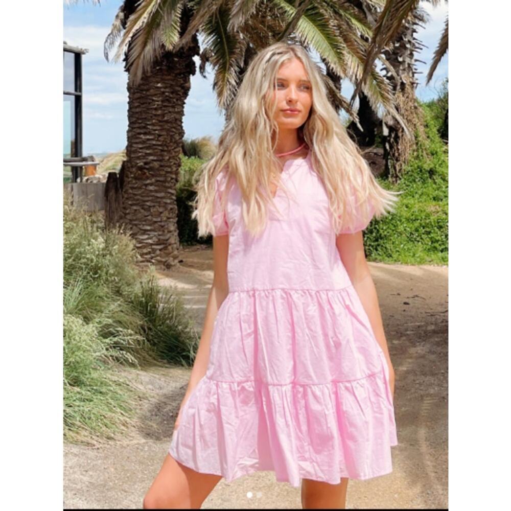 Araminta James Waikiki Puff Sleeve Tiered Babydoll Dress Fairy Floss Women M